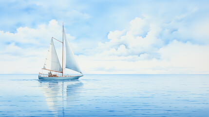 Fototapeta premium Tranquility envelops a sailboat's journey across a serene sea in a digital watercolor portrayal, where its silhouette seamlessly merges with the gentle hues of the sky.