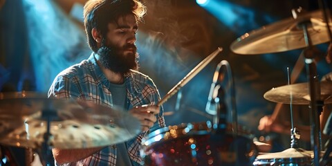Bearded male drummer rehearsing with drumsticks at a music concert. Concept Music Concert, Drummer, Rehearsing, Bearded Male, Drumsticks