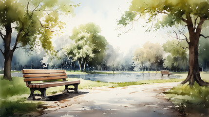 Lush green trees line a park pathway in a watercolor painting, with sunlight casting a serene ambiance, inviting moments of relaxation on the benches.