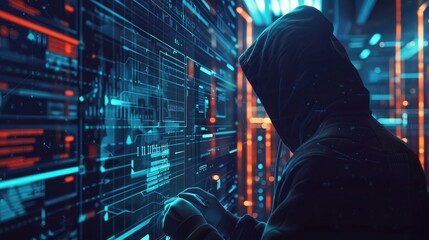 Hacker working on code on dark digital background with digital interface around user privacy security and encryption secure internet access Future technology and cybernetics Internet crime concept