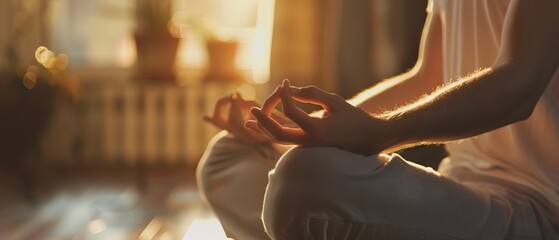 Patient learning to meditate for stress relief, peace, close angle, soft light. - obrazy, fototapety, plakaty