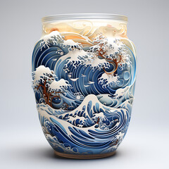 Giant Paper Milk Tea Cup Surrounded by 3D Chinese Blue and White Porcelain Style Ocean Waves. Generative Ai 