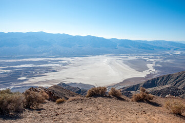 Dante’s view and Badwater Basin in Death Valley. Death Valley National Park in Inyo County of Mojave Desert, California is the hottest place on earth with a temperature of 56,7 °C recorded in 1913. - 771542231