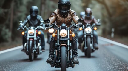 A group of bikers ride together on an empty road.