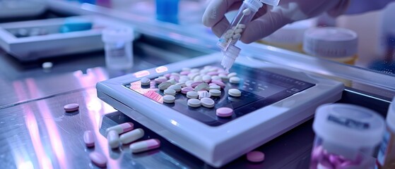 Medication being counted on a digital scale, accuracy, focused, clean light.