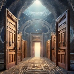 Many doors in different spaces, only one correct entrance - obrazy, fototapety, plakaty