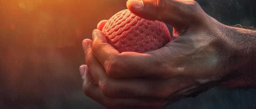 Close up of hand gripping a therapy ball, strength, detailed texture, warm glow. 