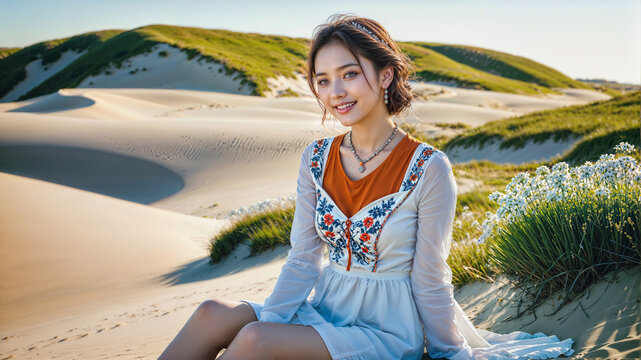 Pretty young teen girl on holiday sitting on shifting white sand dunes, reminiscent of Grenen beach - northern Denmark, Kattegat sea.  she wears traditional like embroidered white dress with jewelry. 