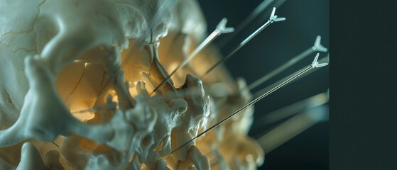 Close up of acupuncture needles on back, precision, calm, dimly lit.