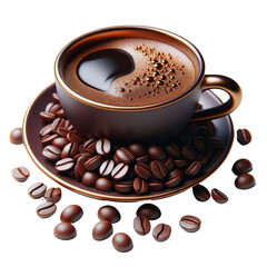 A cup of coffee with a saucer and a pile of coffee beans on the saucer, catering , italy food, industry ,3D render, isolated on a transparent background