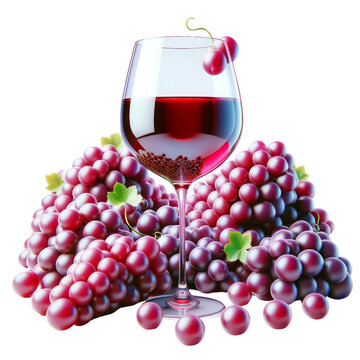 A glass of red wine is on top of a bunch of grapes, catering , italy food, industry ,3D render, isolated on a transparent background