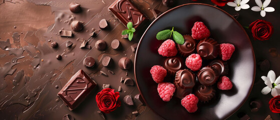 A plate of chocolate and raspberries is on a table, cream chocolate brown background