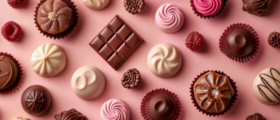 Close up of many different types of chocolate and raspberry cupcakes, pattern on a pink background