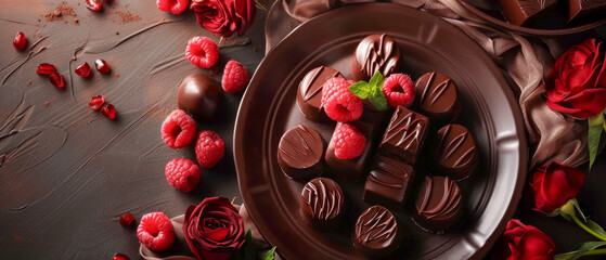 A plate of chocolate covered strawberries and raspberries