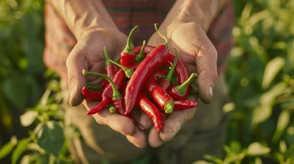 Fotobehang Sustainable Harvest: Farmer's Hands Holding Fresh Red Peppers © Matt