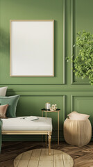 Modern 3d  interior design background. Frame Mockup, Picture frame template/ mockup in an modern green pastel colored living room. Photoframe Mock-up background.	