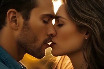 closeup, Passionate romantic kiss man and woman