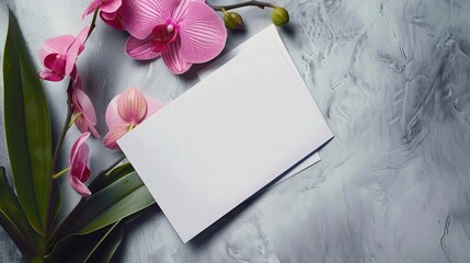 Greeting Cards mockup, empty white blanks, envelopes and magenta orchid flower on smooth grey...