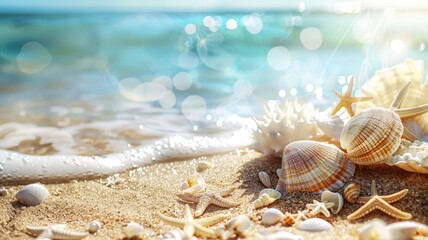Various seashells and starfish scattered on a sandy beach - obrazy, fototapety, plakaty
