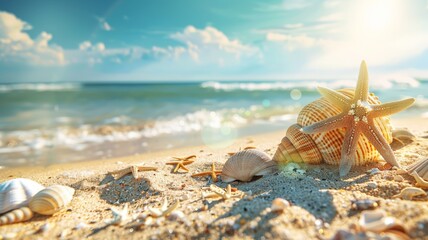 Fototapeta na wymiar A starfish and seashells scattered on a sandy beach under the sunlight