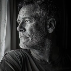 Man in his 50s gazes out the window, thoughtful expression reflecting lifes wisdom