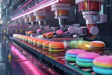 Rainbowcolored buns descending a conveyor belt, with robotic arms packaging them, in a hightech automated bakery setting