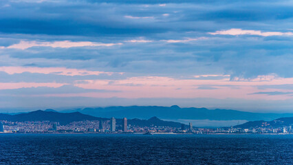 Sunrise over Barcelona, Mediterranean Sea, Spain, Europe - 771544406
