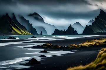 Naklejka premium Outstanding Icelandic Seascape in Color. Fantastically picturesque Scene near Vestrahorn Mountain and Stokksnes Cape, with black sand dunes in the foreground illuminated by sunshine