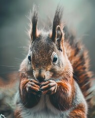 Obraz premium Close view of a squirrel nibbling on a nut, capturing its furry details and curious eyes, perfect for cute wildlife photography