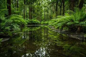 Fototapeta na wymiar Tranquil Forest Pond with Lush Greenery