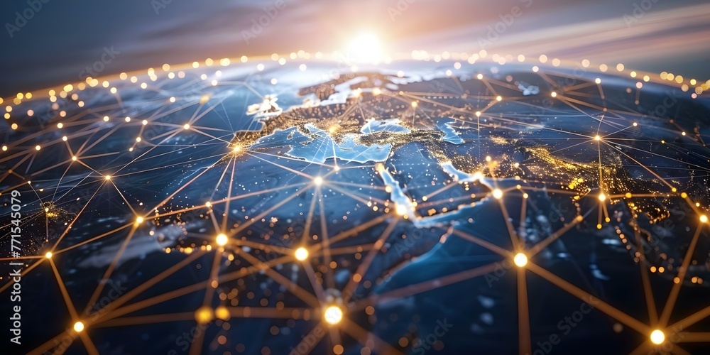 Poster the global network: interconnected nodes and lines symbolizing worldwide connectivity. concept globa