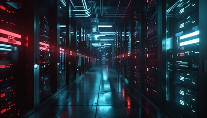 Visualizing IoT & Data Flow. Modern Server Racks in Dark Room. Illustrating Digitalization & Internet Traffic Complexity in Electric Equipment Warehouse with VFX