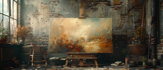 Abandoned easel in a dusty room unfinished painting - obrazy, fototapety, plakaty
