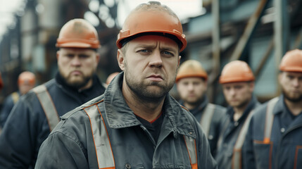 Skillful worker stand together showing teamwork in the factory . Industrial people and manufacturing labor concept .