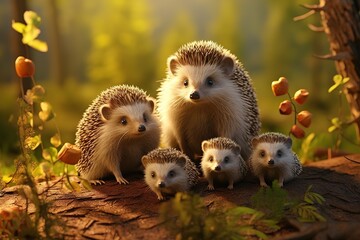 A family of hedgehogs look forward in a forest with green moss.