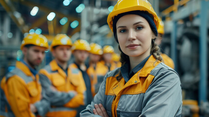 Skillful worker stand together by a woman in a safety helmet showing teamwork in the factory . Industrial people and manufacturing labor concept . - obrazy, fototapety, plakaty
