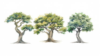 Coleção de árvores verdes em aquarela no fundo branco - Ilustração - obrazy, fototapety, plakaty