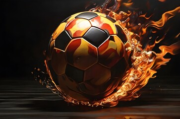 Burning football ball bright flamy symbol abstract on black background. Generated AI