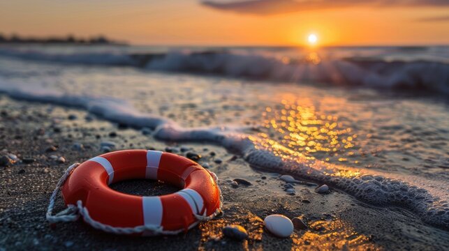 Lifebuoy on the beach at sunset.