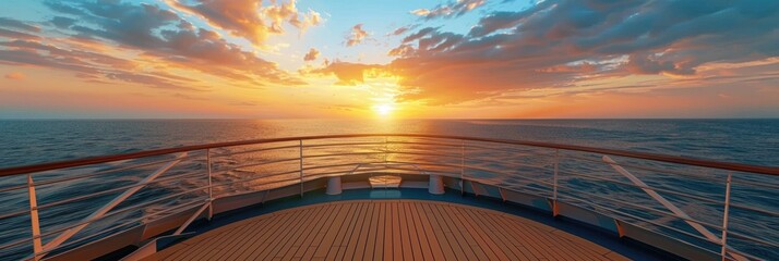 Panoramic view of cruise deck with the sea during beautiful sunset just above the horizon. Summer cruise luxury vacation concept.