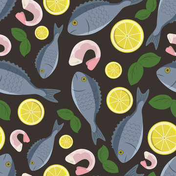 Vector seamless pattern with fish, shrimp, and lemon