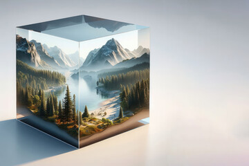 A cube with a beautiful landscape inside. Space for text.