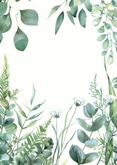 Naklejka premium Floral composition with copy space in center. Green leaves of eucalyptus, fern on white background.