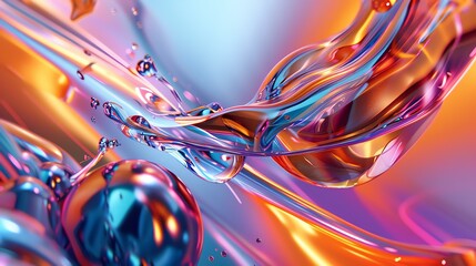 3D rendering of an abstract shape with a glossy surface and vibrant colors. The shape appears to be floating in a colorful, abstract background.