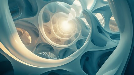 3D rendering of an abstract organic structure with a glowing light at the end of a tunnel.