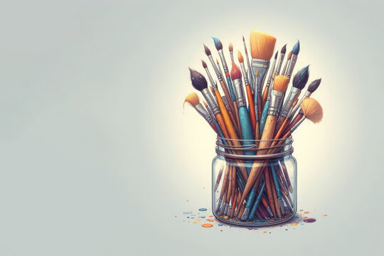 Paint brushes in a glass jar. Space for text.