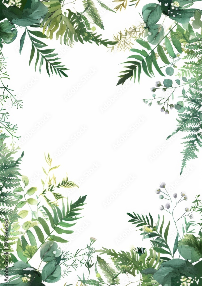 Wall mural Floral composition with copy space in center. Green leaves of eucalyptus, fern on white background.