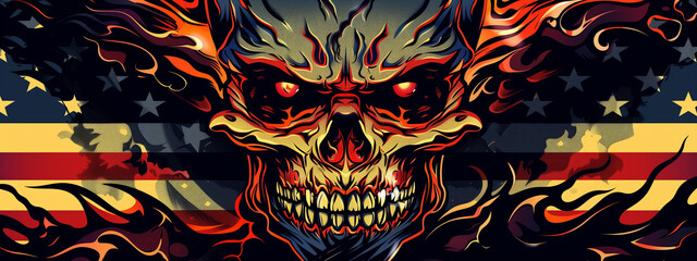 Fiery Skull with American Flag and Grunge Elements - obrazy, fototapety, plakaty