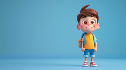 This is a 3D rendering of a happy schoolboy. He is wearing a yellow shirt, blue shorts, and red...