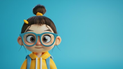 Cheerful cartoon school girl with brown hair and blue eyeglasses. She is wearing a yellow hoodie and a blue backpack.